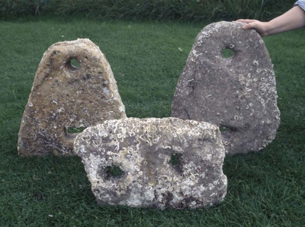 Three of the stone anchors from Dunbar - Scotland' class=