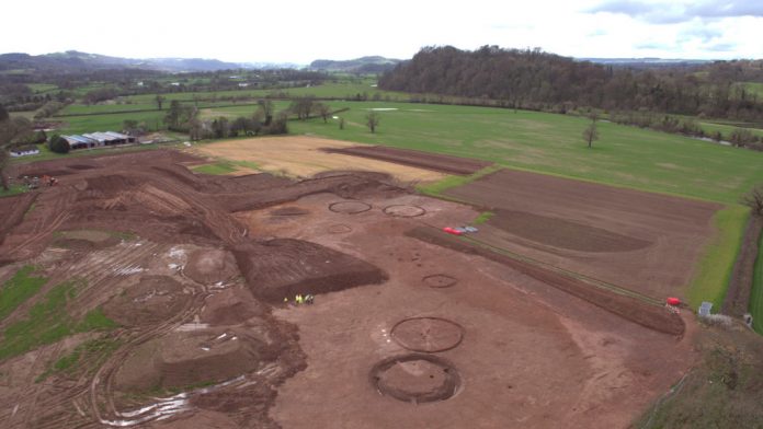 The Bronze Age features under excavation at Lovelodge Farm, Carmarthenshire (Taken by AeroPerspective for Rubicon Heritage & AB Heritage)