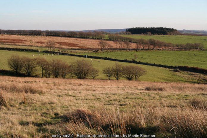 Moorland and pasture near the head of the Sparcombe Water. Seen from the Larkbarrow Corner © Copyright Martin Bodman and licensed for reuse under this Creative Commons Licence. http://www.geograph.org.uk/photo/80177