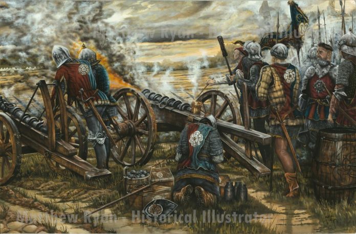 Painting of the Yorkist gunline at Northampton. copyright Matthew Ryan - Historical Illustrator