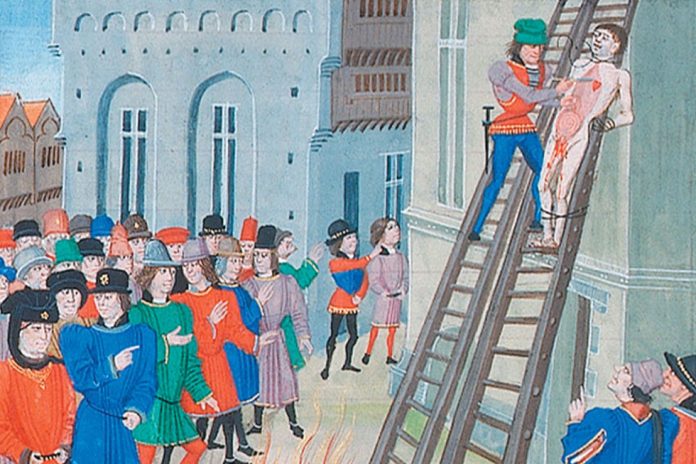 The execution of Hugh Despenser the younger. Image: Loyset Liédet (Figure 12, Page 122 of A Traitor's Death?) [Public domain], via Wikimedia Commons