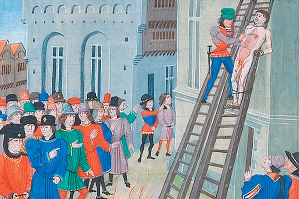 The execution of Hugh Despenser the younger. Image: Loyset Liédet (Figure 12, Page 122 of A Traitor's Death?) [Public domain], via Wikimedia Commons