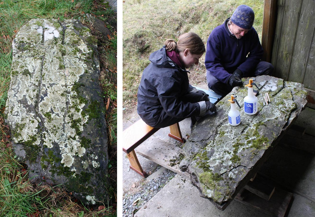 Elliott Ryder Conservation staff begin the conservation (right)  of the lifted stone. Image: Wessex Archaeology