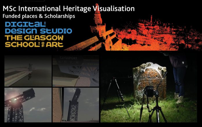 work made by MSc students (Reflectance Transformation Imaging taken at night at BallyHennan kirkyard near Arrochar, Loch Lomond, and virtual reality still of the Clyde crane. Images: ital Design Studio > copyright