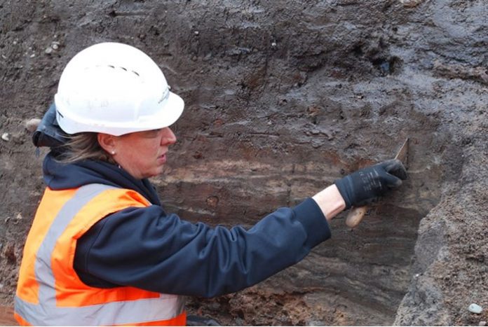 Emma Tetlow on site. Headland Archaeology Ltd