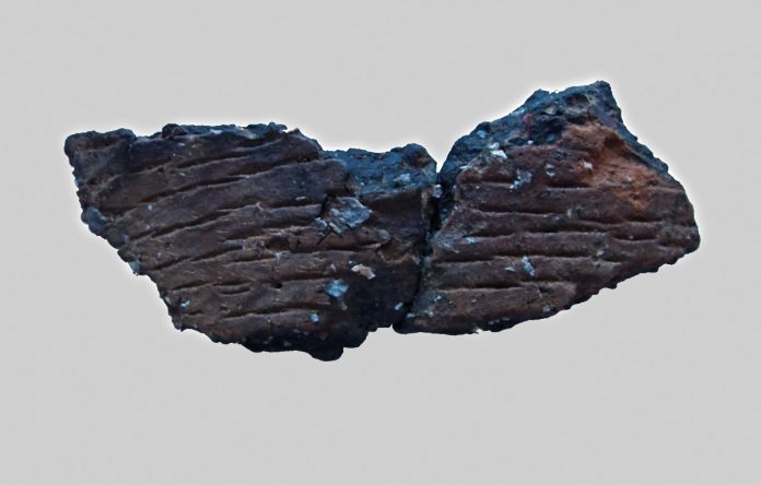 Two joining fragments of the decorated, Peterborough ware single bowl from the site and a site photo