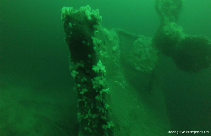 Stern of the vessel showing the portside bronze propeller. The rudder lies on the seabed. The starboard propeller was previously salvaged. (Image by Roving Eye Enterprises Ltd.)