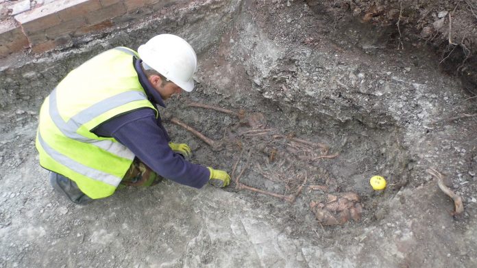 An archaeologist excavates one of the skeletons in the Roman cemetery at Western Road.