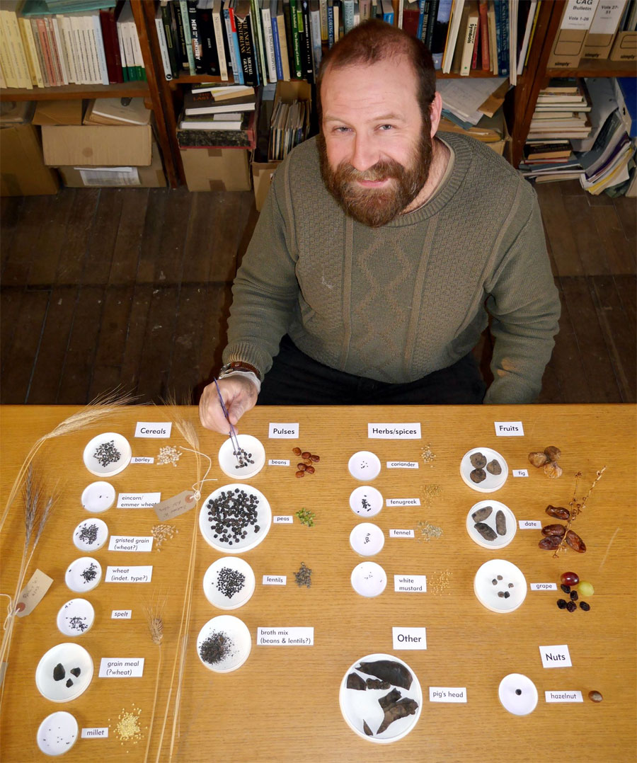 Adam Wightman with some of the Roman foodstuffs and their modern equivalentsAdam Wightman with some of the Roman foodstuffs and their modern equivalents