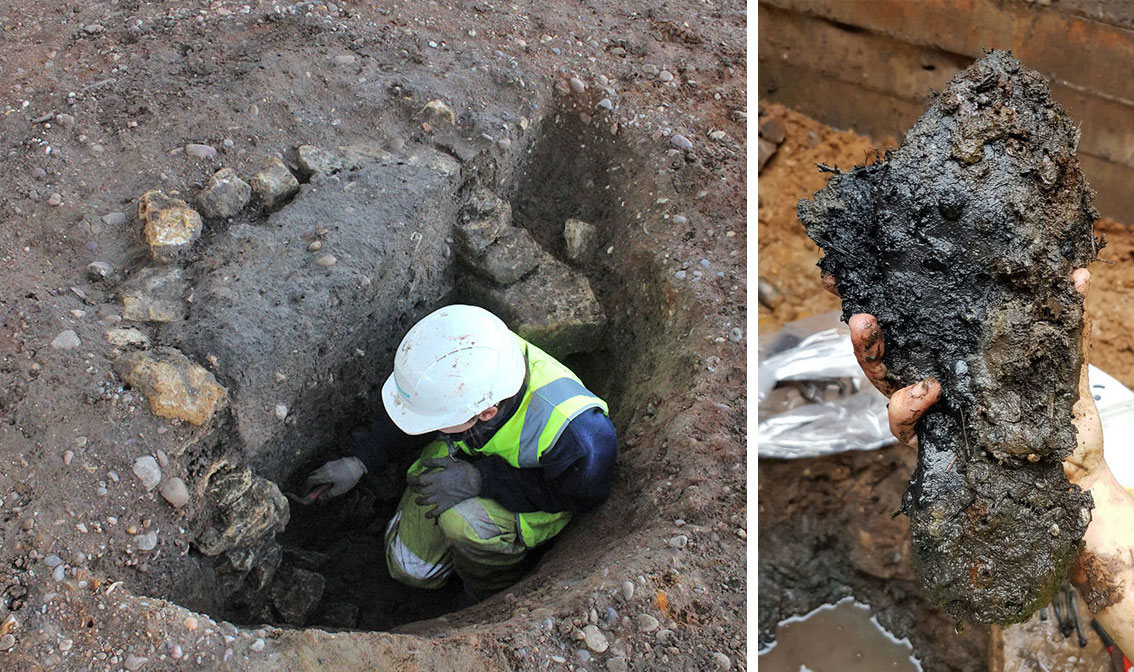 Excavating the well and a roman period shoe sole from the base.