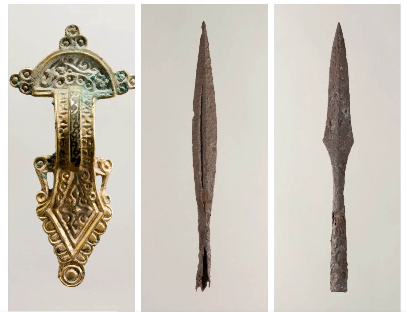 Remarkable Anglo-Saxon finds include a Scandinavian-style brooch, of solid silver, cast in Nydam Style and gilded, dating from the later part of the fifth century: one of the earliest Scandinavian-style brooches known from England. Two spearheads of this date were also found.