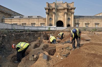 Excavation at the site of Radcliffe Infirmary, with the Oxford University Press building in the background (c) Oxford Archaeology