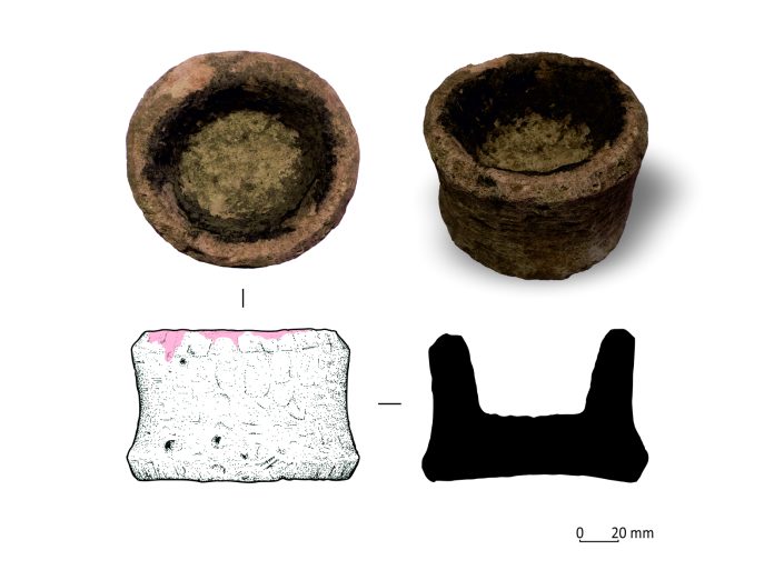 Medieval cresset lamp with burnt residue, from Gloucester: top and side view, with cross-section. (Urban Archaeology)